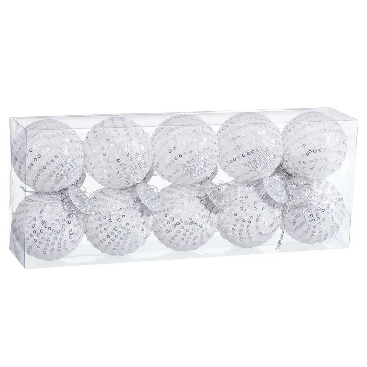 Boules de Noël Blanc Argenté Plastique Tissu Paillettes 6 x 6 x 6 cm (10 Unités) - Sapin Belge