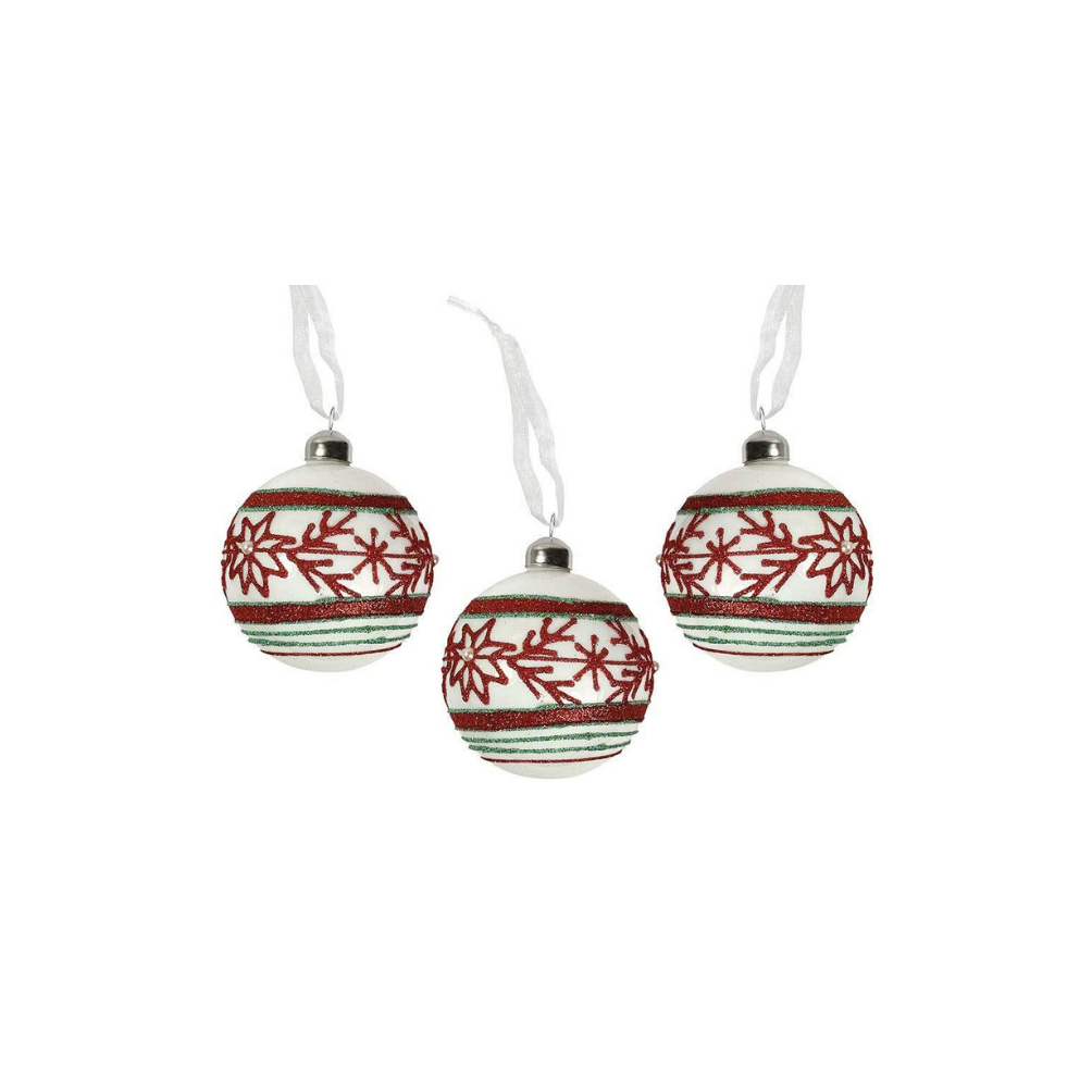 3 Boules verre blanc à paillettes avec motifs 8cm