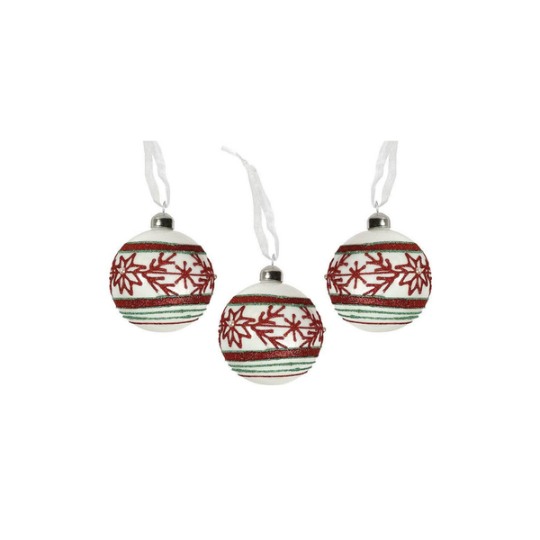 3 Boules verre blanc à paillettes avec motifs 8cm