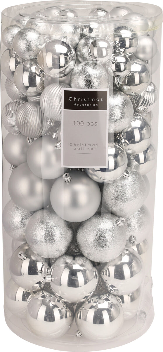 Kit of 100 silver Christmas baubles – multi-sizes