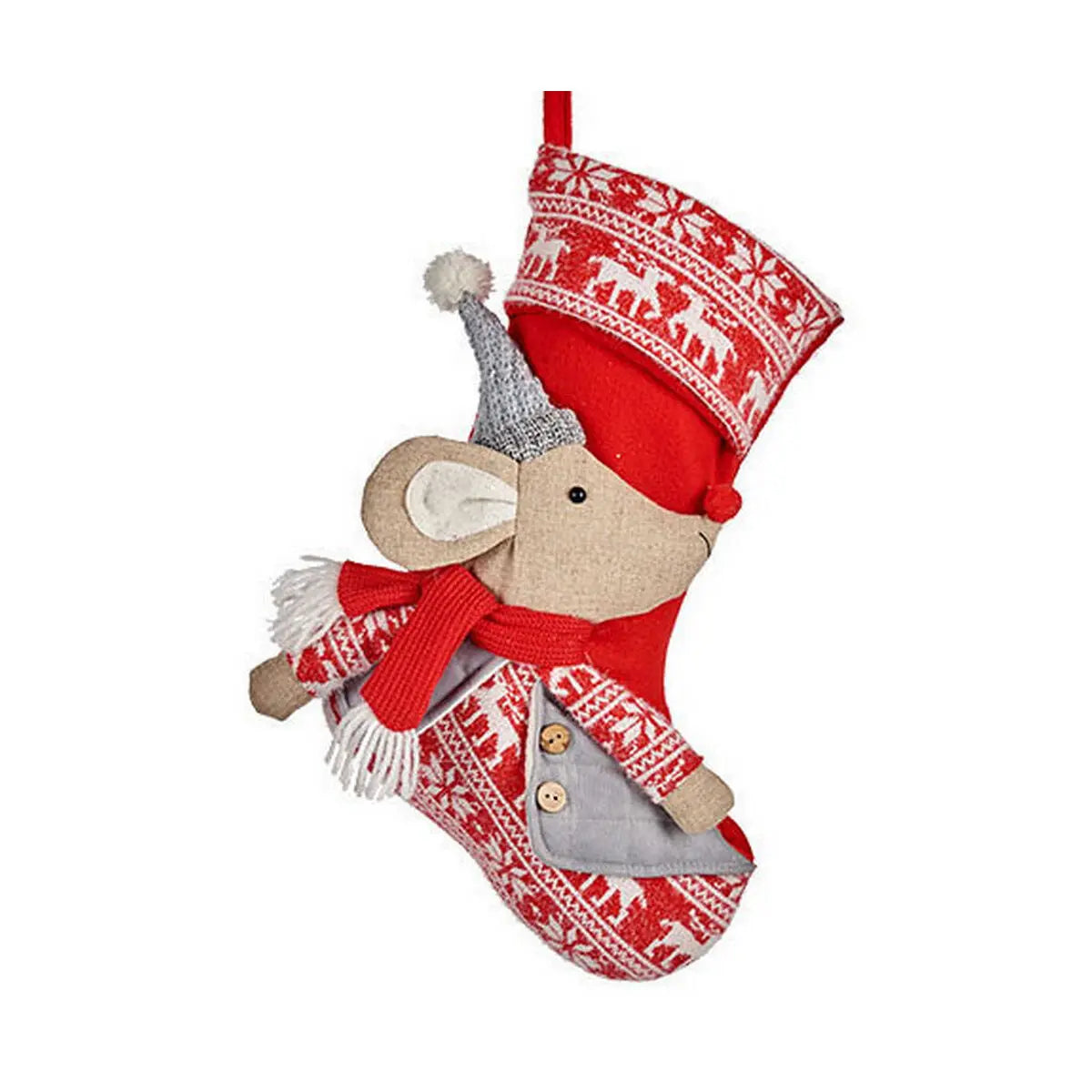 Chaussette de Noël Souris 31 x 5 x 48 cm Rouge Gris Blanc Crème - Sapin Belge