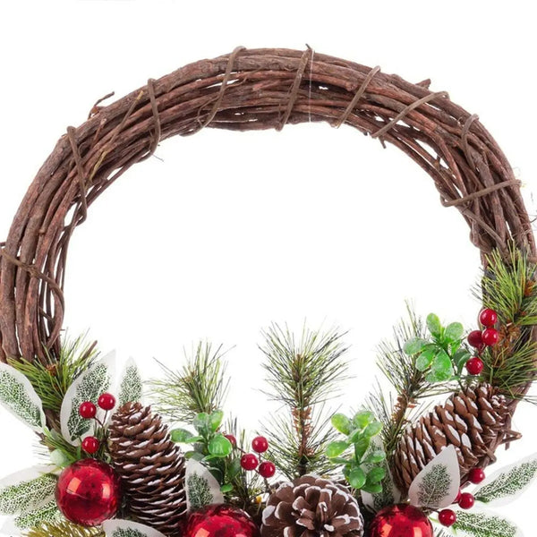 Couronne de Noël Marron Rouge Multicouleur Rotin Plastique Foam Volets Ananas 30 x 30 cm - Sapin Belge