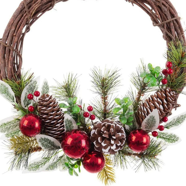 Couronne de Noël Marron Rouge Multicouleur Rotin Plastique Foam Volets Ananas 30 x 30 cm - Sapin Belge