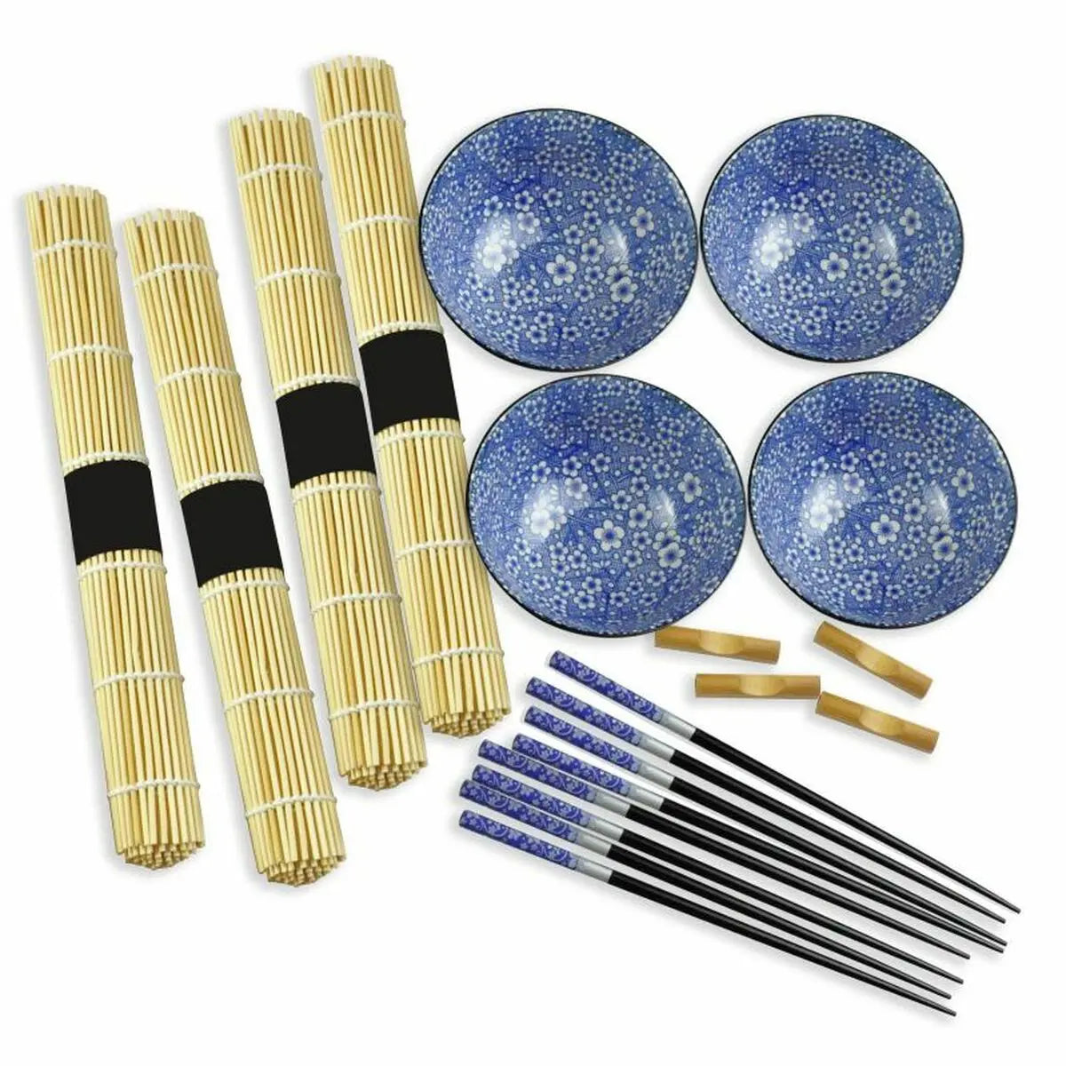 Set de sushi DKD Home Decor 14,5 x 14,5 x 31 cm Noir Bleu Grès Oriental (16 Pièces) - Sapin Belge