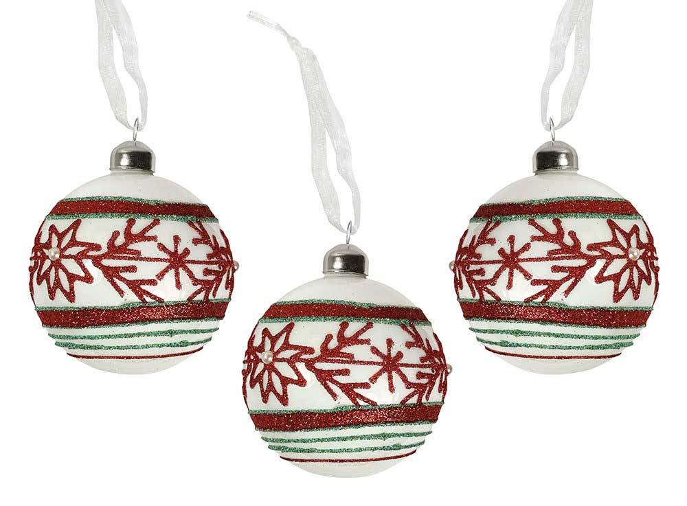 3 Boules verre blanc à paillettes avec motifs 8cm