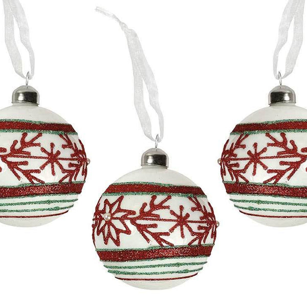 3 Boules verre blanc à paillettes avec motifs 8cm