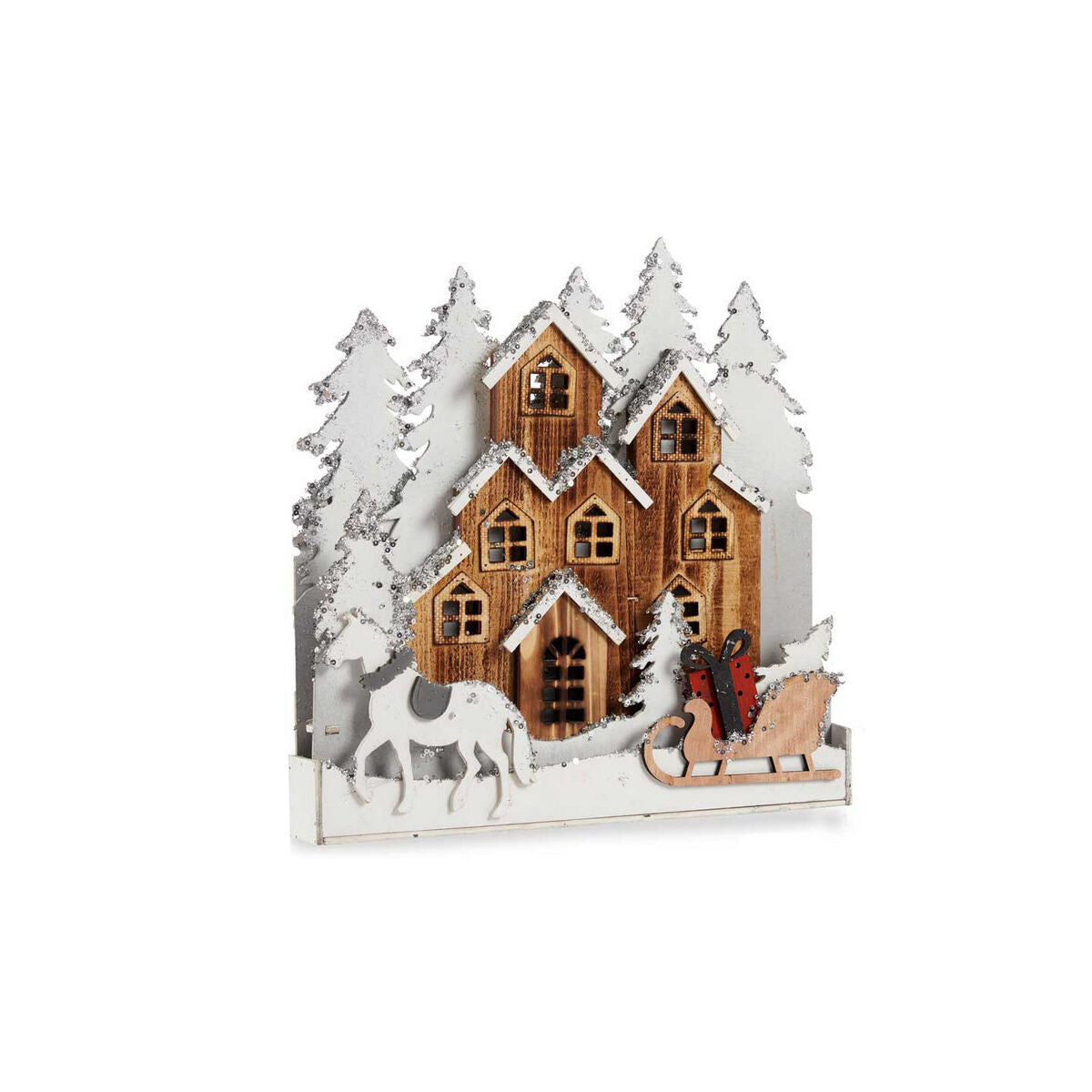 Figurine Décorative Lumière Noël ville 44 x 44,5 x 6 cm Bois Marron Blanc - Sapin Belge