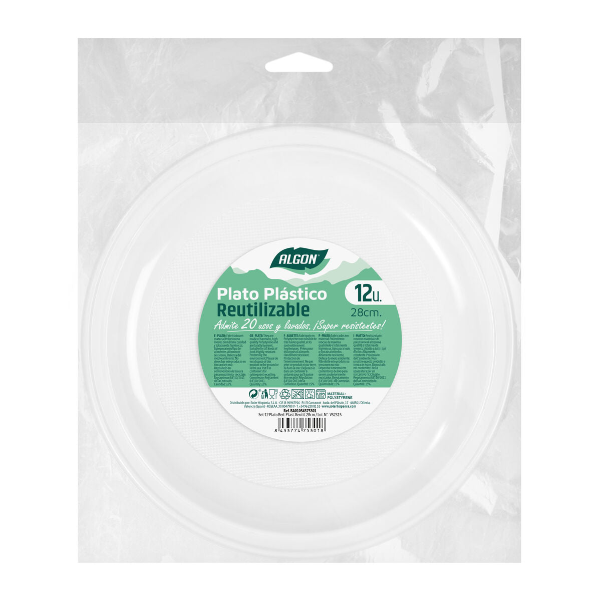 Lot d'assiettes réutilisables Algon Rond Blanc 28 cm Plastique 12 Unités - Sapin Belge
