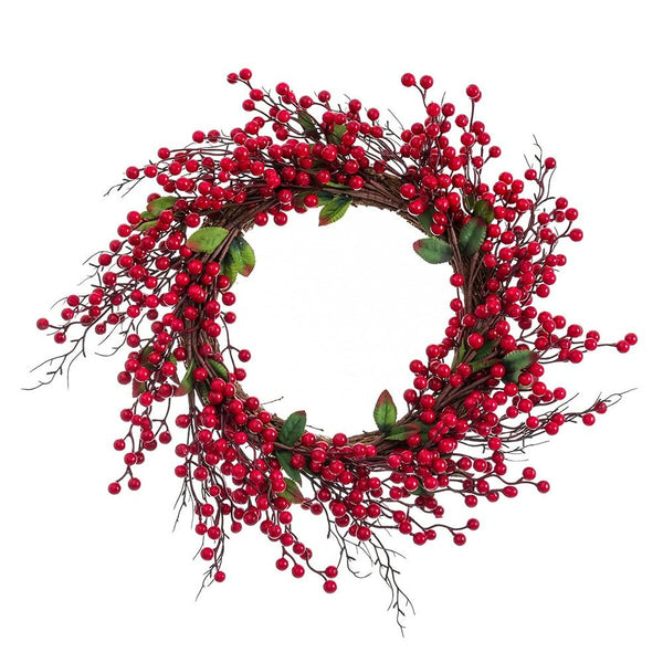 Couronne de Noël Rouge Vert Rotin Plastique 45 x 45 cm - Sapin Belge