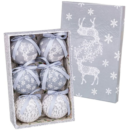 Boules de Noël Blanc Argenté Papier Polyfoam Cerf 7,5 x 7,5 x 7,5 cm (6 Unités) - Sapin Belge