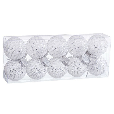 Boules de Noël Blanc Argenté Plastique Tissu Paillettes 6 x 6 x 6 cm (10 Unités) - Sapin Belge