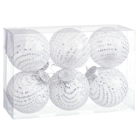 Boules de Noël Blanc Argenté Plastique Tissu Paillettes 8 x 8 x 8 cm (6 Unités) - Sapin Belge