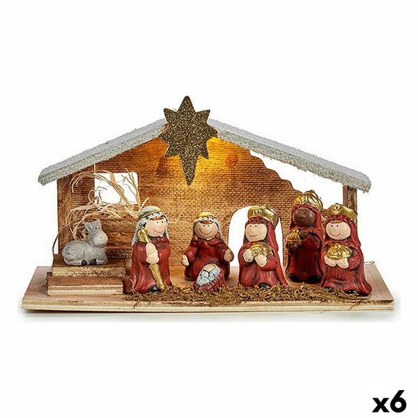 Crèche de Noël Blanc Rouge Doré Bois Céramique 29,5 x 16,5 x 11,5 cm (6 Unités) - Sapin Belge