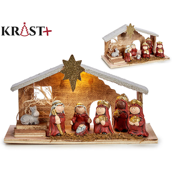 Crèche de Noël Blanc Rouge Doré Bois Céramique 29,5 x 16,5 x 11,5 cm (6 Unités) - Sapin Belge