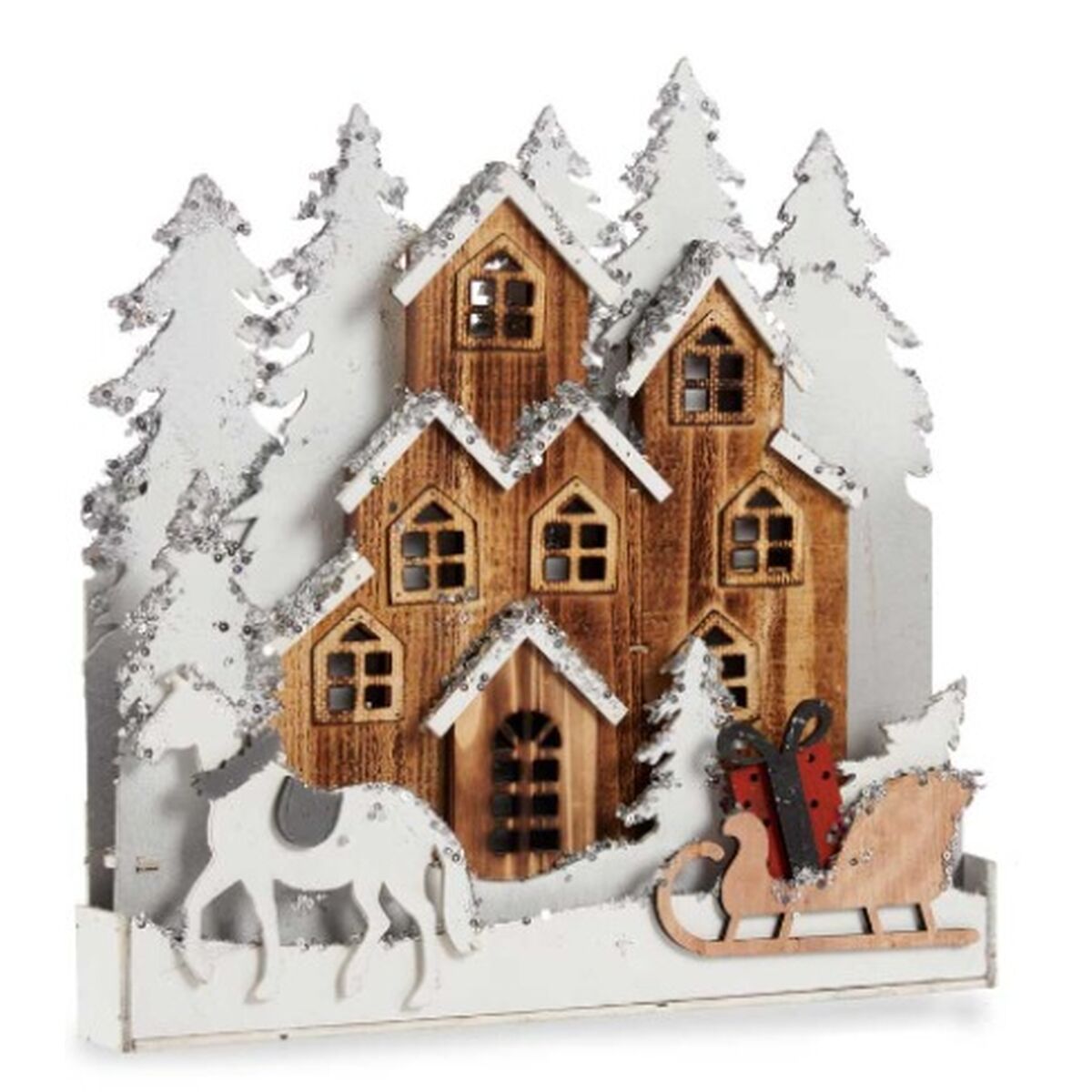 Figurine Décorative Lumière ville Blanc Marron Bois 44 x 44,5 x 6 cm (4 Unités) - Sapin Belge