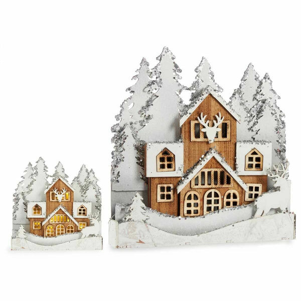 Figurine Décorative Lumière ville Blanc Marron Bois 44 x 43 x 6 cm (4 Unités) - Sapin Belge