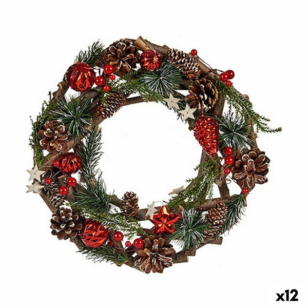 Couronne de Noël Marron Rouge Vert Bois Plastique 30 x 8 x 30 cm (12 Unités) - Sapin Belge