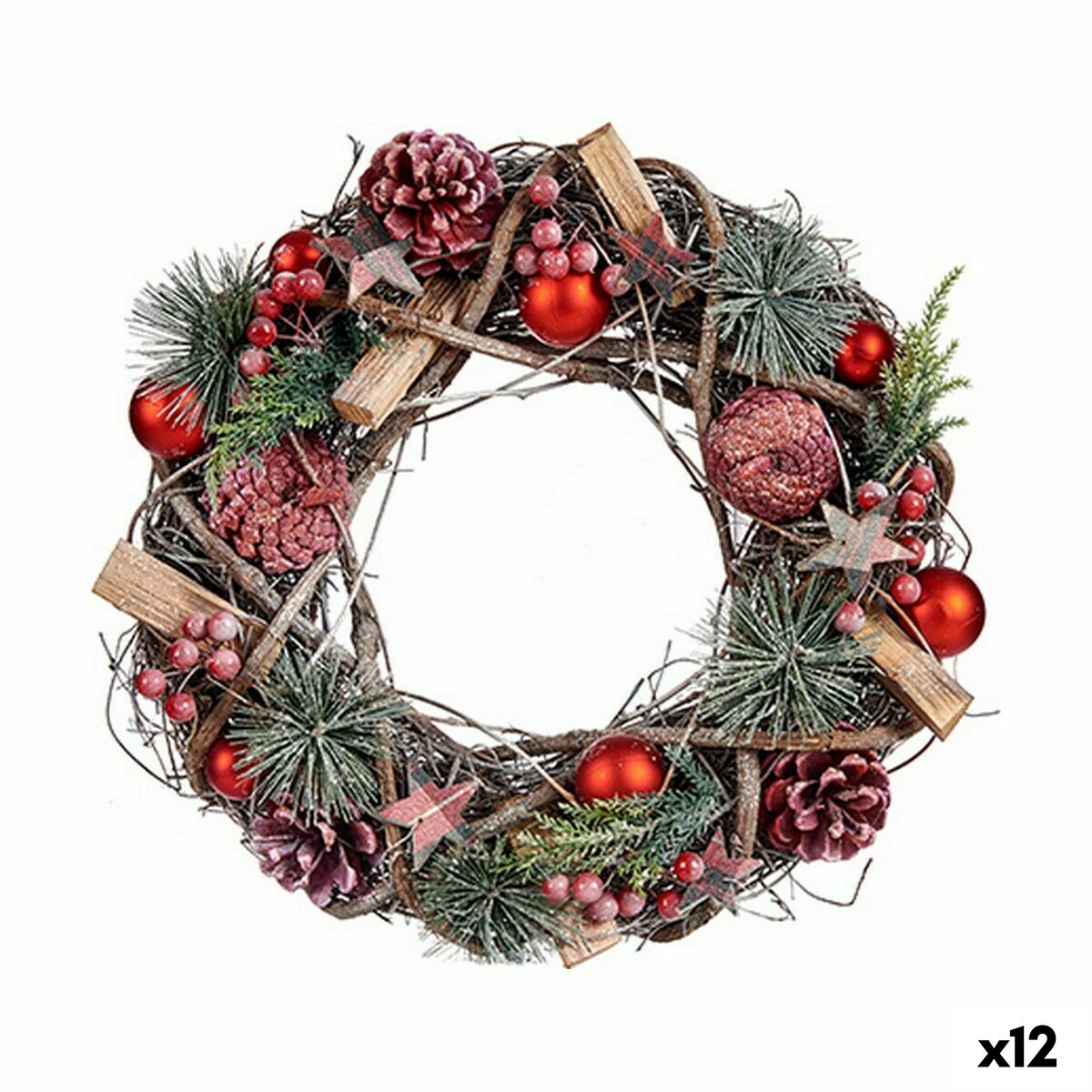 Couronne de Noël Rouge Vert Naturel Bois Plastique 35 x 10 x 35 cm (12 Unités) - Sapin Belge