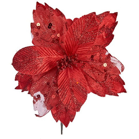 Fleur décorative 25 cm Tissu Rouge Plastique (12 Unités) - Sapin Belge