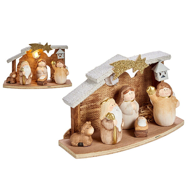 Crèche de Noël Lumière LED Blanc Marron Doré Bois Céramique 9 x 13 x 23 cm (8 Unités) - Sapin Belge