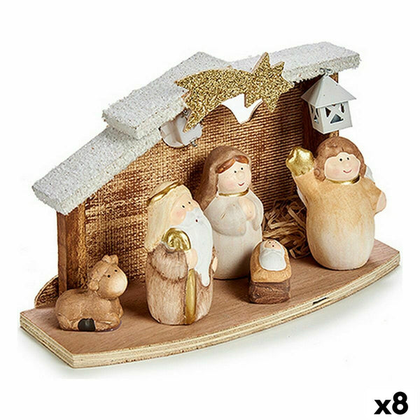 Crèche de Noël Lumière LED Blanc Marron Doré Bois Céramique 9 x 13 x 23 cm (8 Unités) - Sapin Belge